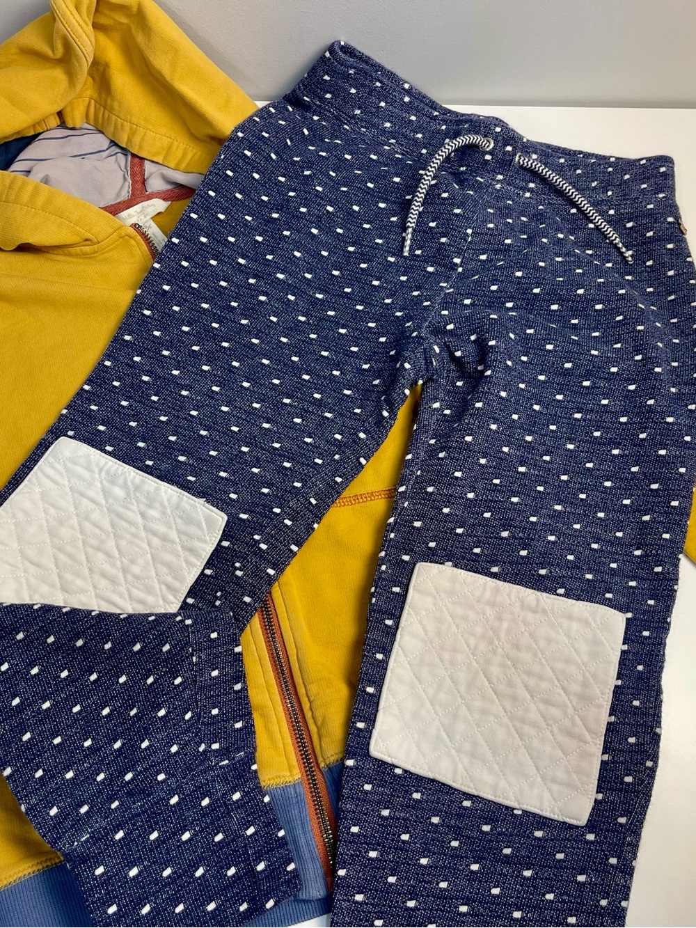 Matilda Jane Navy Dot Jogger Pants with White Knee Patches Mustard Zip Hoodie 8